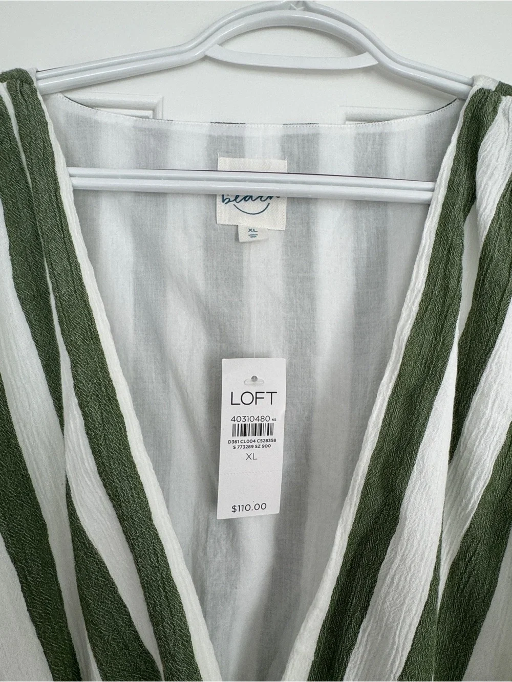 LOFT Olive and White Striped V-Neck Tie-Waist Midi Dress